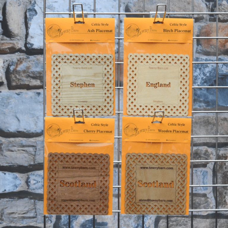 4 packaged place mats displayed on a grid wall