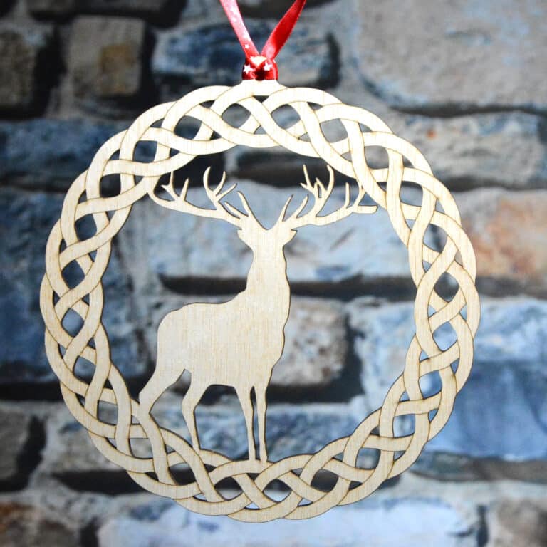 Celtic style Christmas decoration, of a Stag inside a Celtic ring